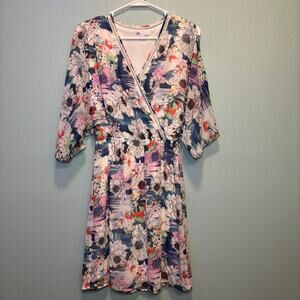 Women's DR2 White Blue Pink Floral Wrap Dress XS